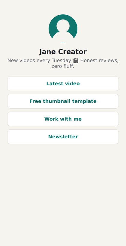 The finished link-in-bio page on a phone-sized screen