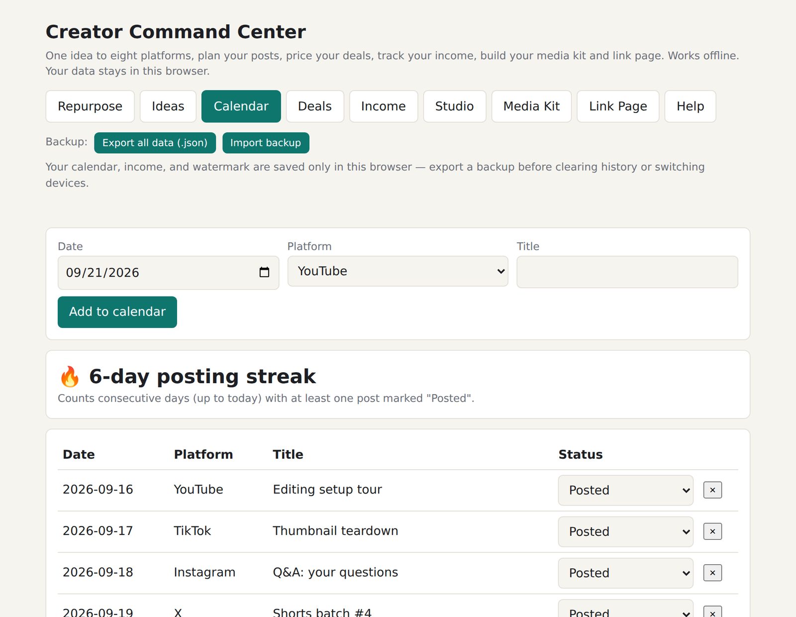The Calendar tab showing a 6-day posting streak and a list of posts marked Posted