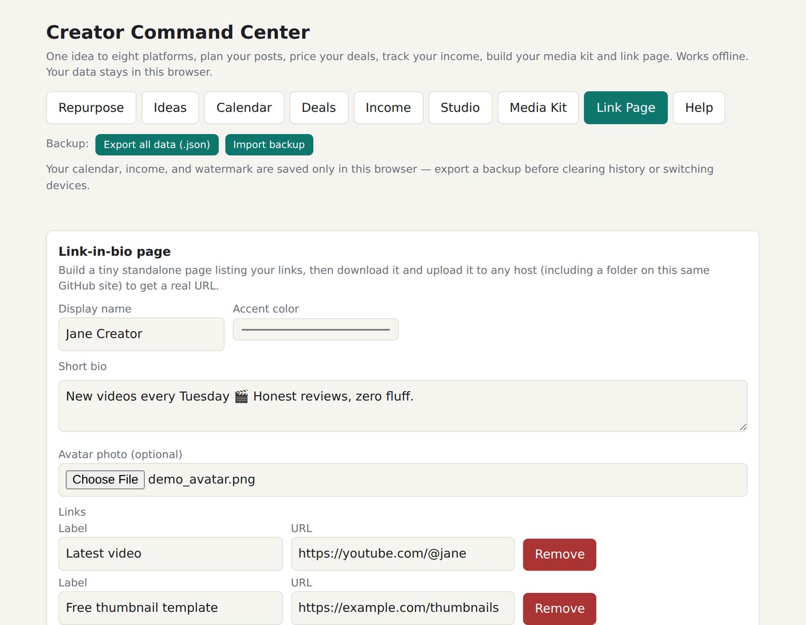 The Link Page builder with a display name, bio and four links