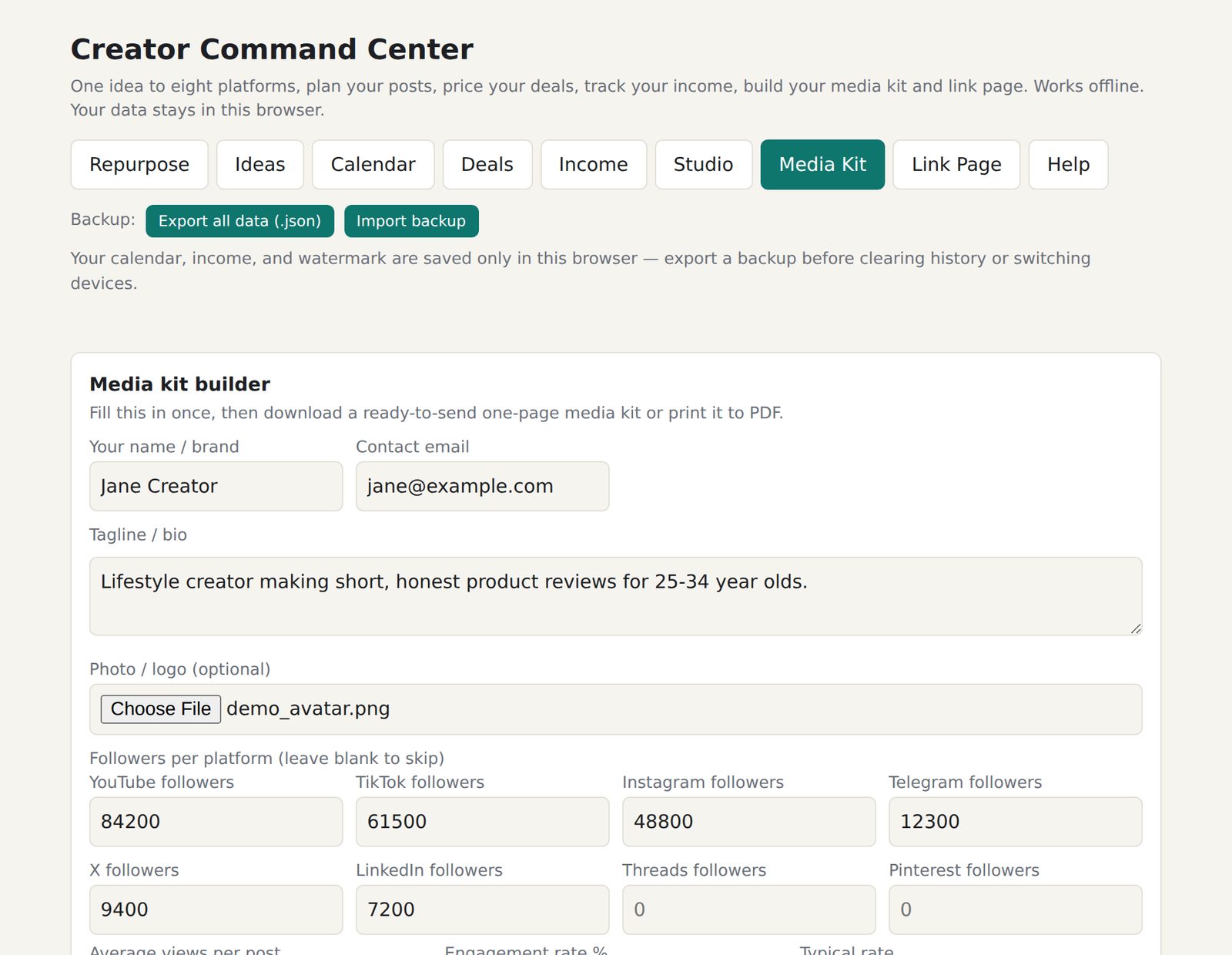 The Media Kit form with name, bio and follower counts filled in