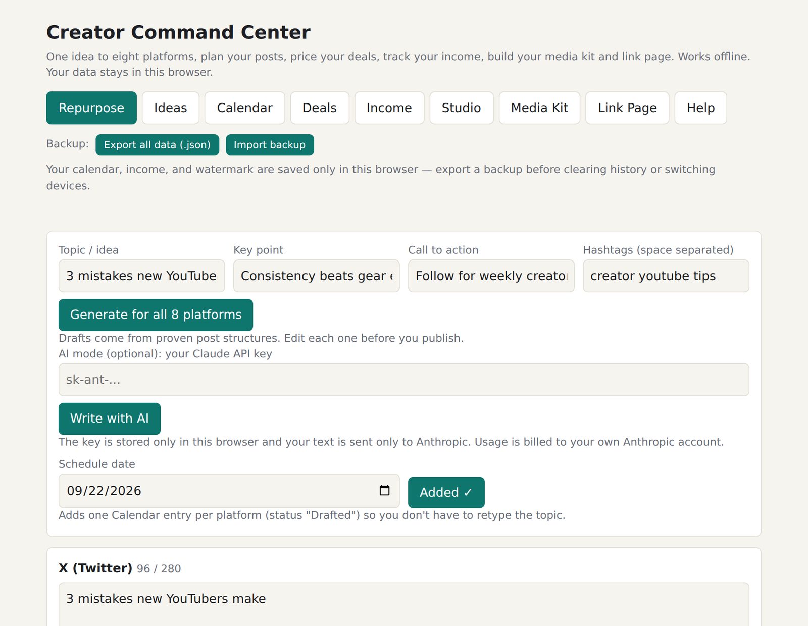 The Repurpose tab with a topic filled in and the first generated draft for X