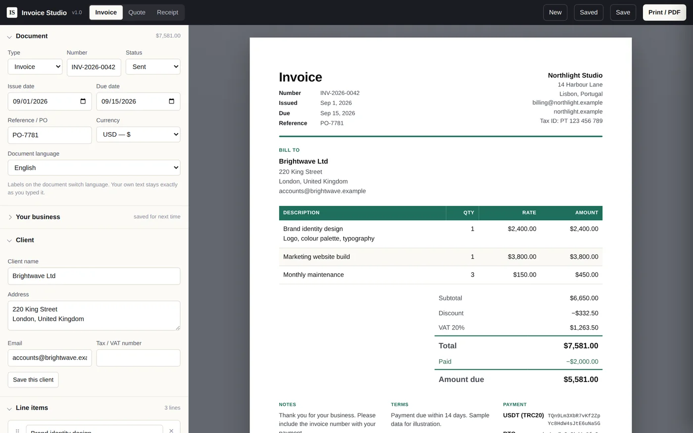 Invoice Studio editor: invoice form on the left and a live A4 invoice preview with VAT, discount and amount due on the right