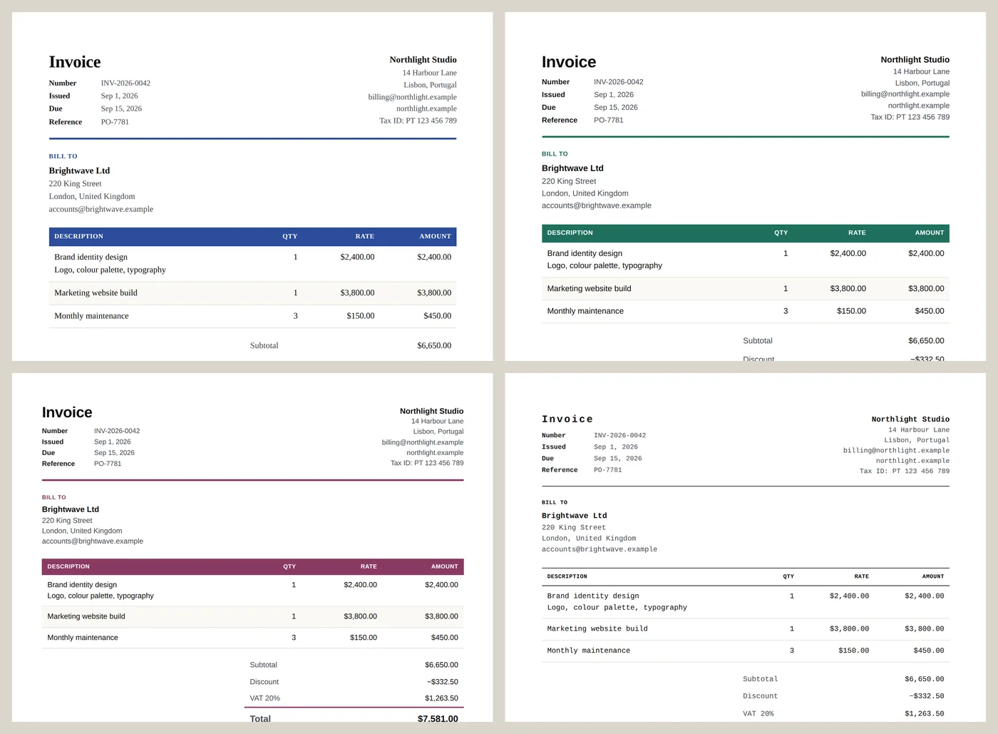 The four invoice templates in Invoice Studio: Classic, Modern, Compact and Typed, each with a different accent color